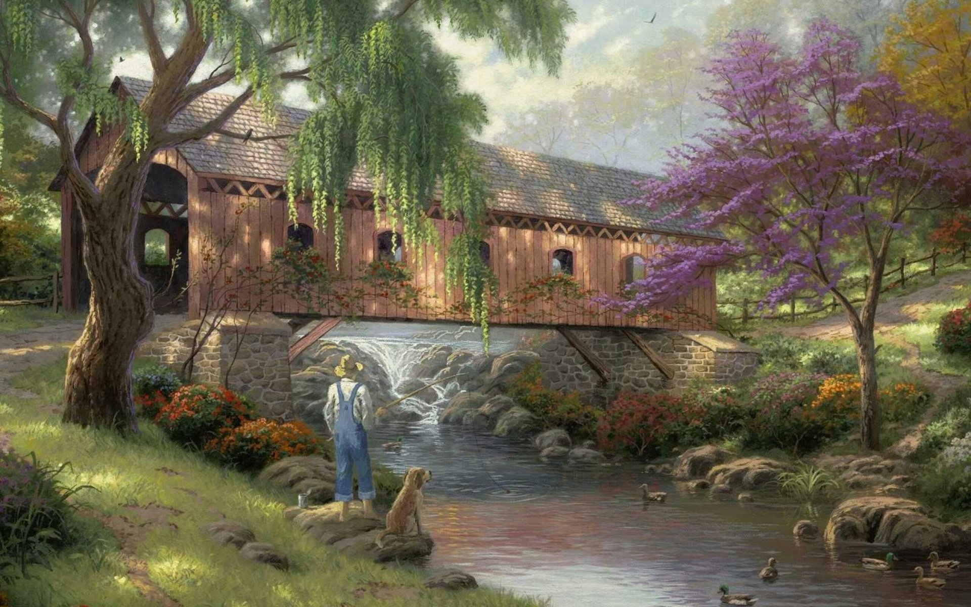 viejo fishin hole thomas kincaid pintura arte puente río naturaleza pato pescador pesca interior patos perro