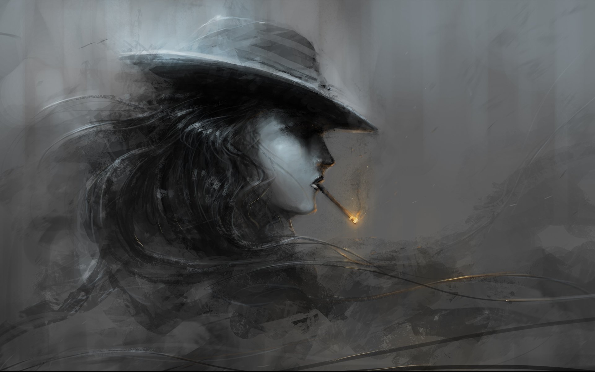 art section hat girl cigarette black and white fire