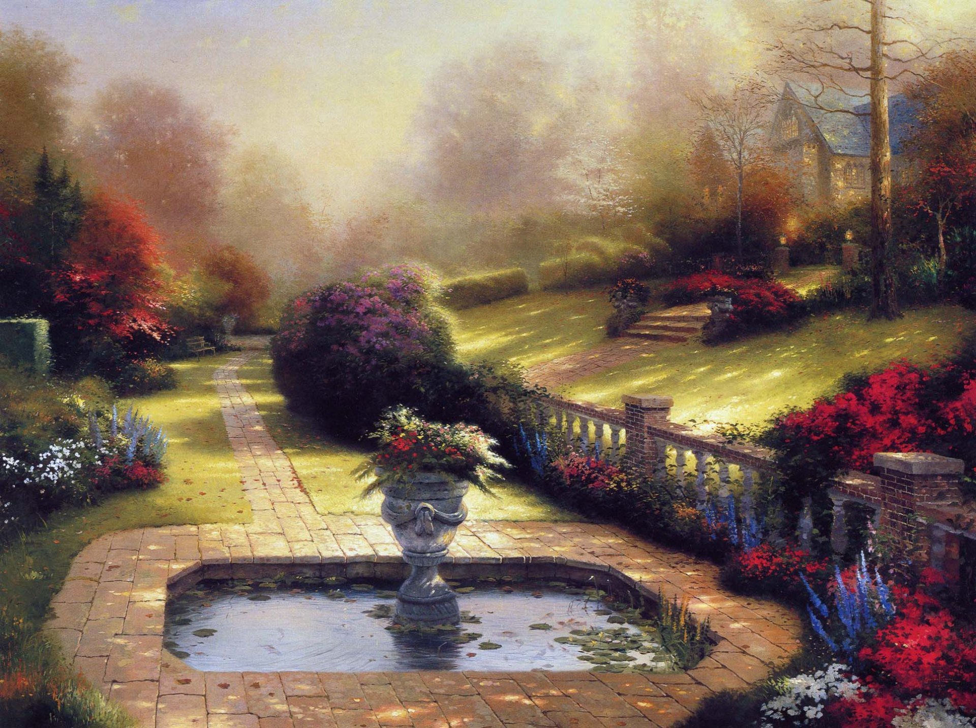 thomas kinkade summer cottage house flower pond vase pattern painting