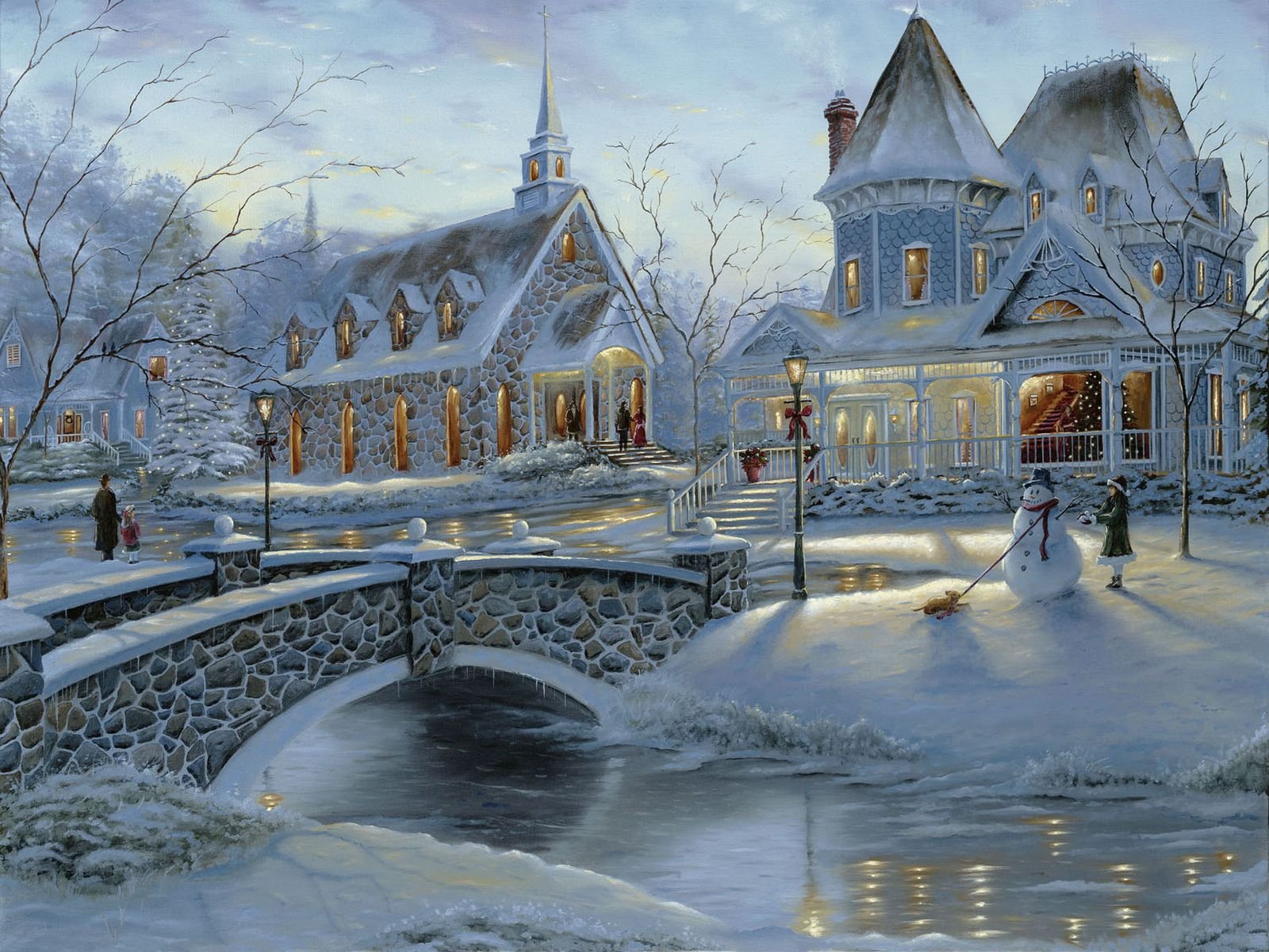 robert finale holiday winter christmas christmas tree house people bridge snowman painting art