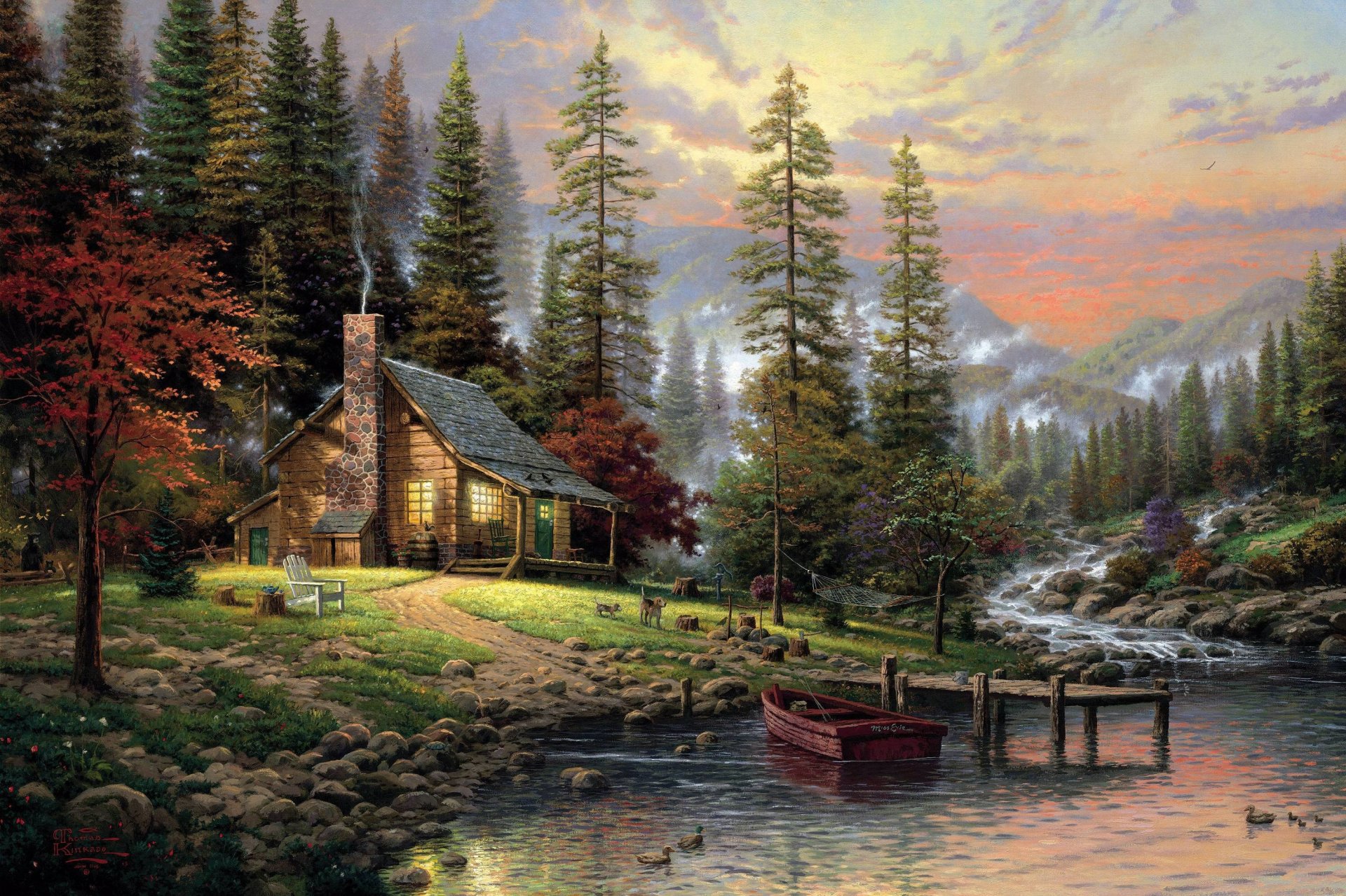 retiro pacífico thomas kinkade bosque casa perros pintura tranquilo rincón silla barril ardilla perros gomak abeto niebla montaña río madera puente piedras barco cáñamo pintura pinturas dibujo dibujos arte