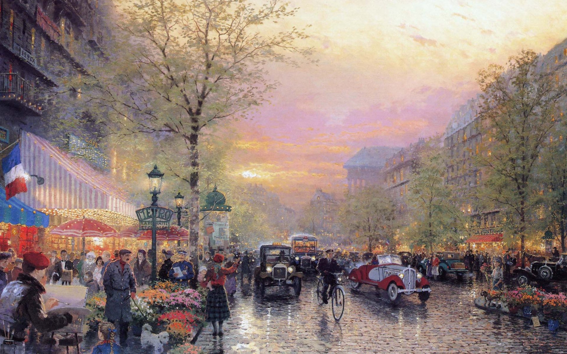 parigi città delle luci le boulevard lumière al crepuscolo thomas kincaid arte pittura francia città boulevard automobili art deco luci bandiera cartello metropolitana luci fiori persone artista auto retrò art deco