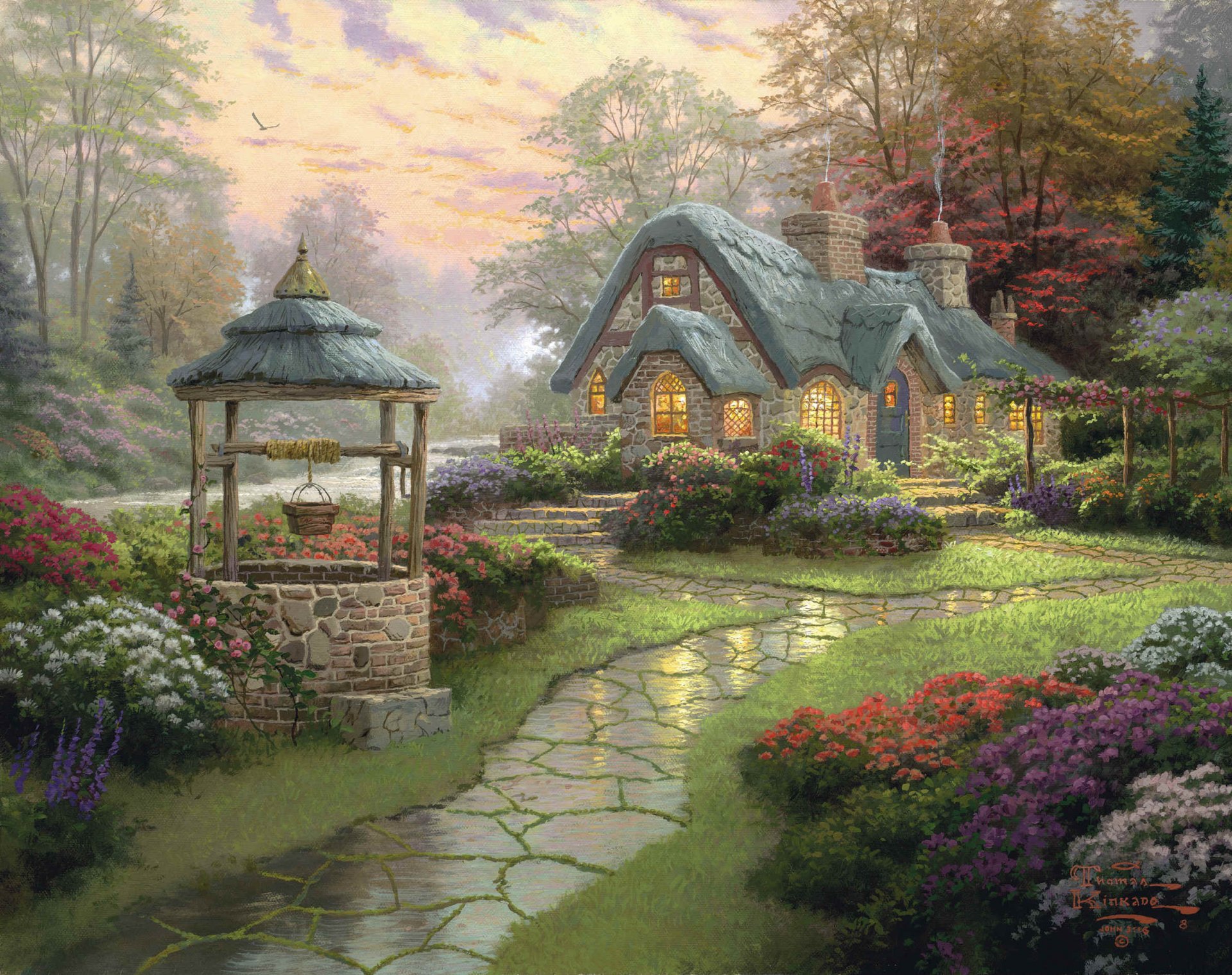 paesaggio thomas kincaid esprimi un desiderio cottage pittura foresta fiori cottage passerella pozzo