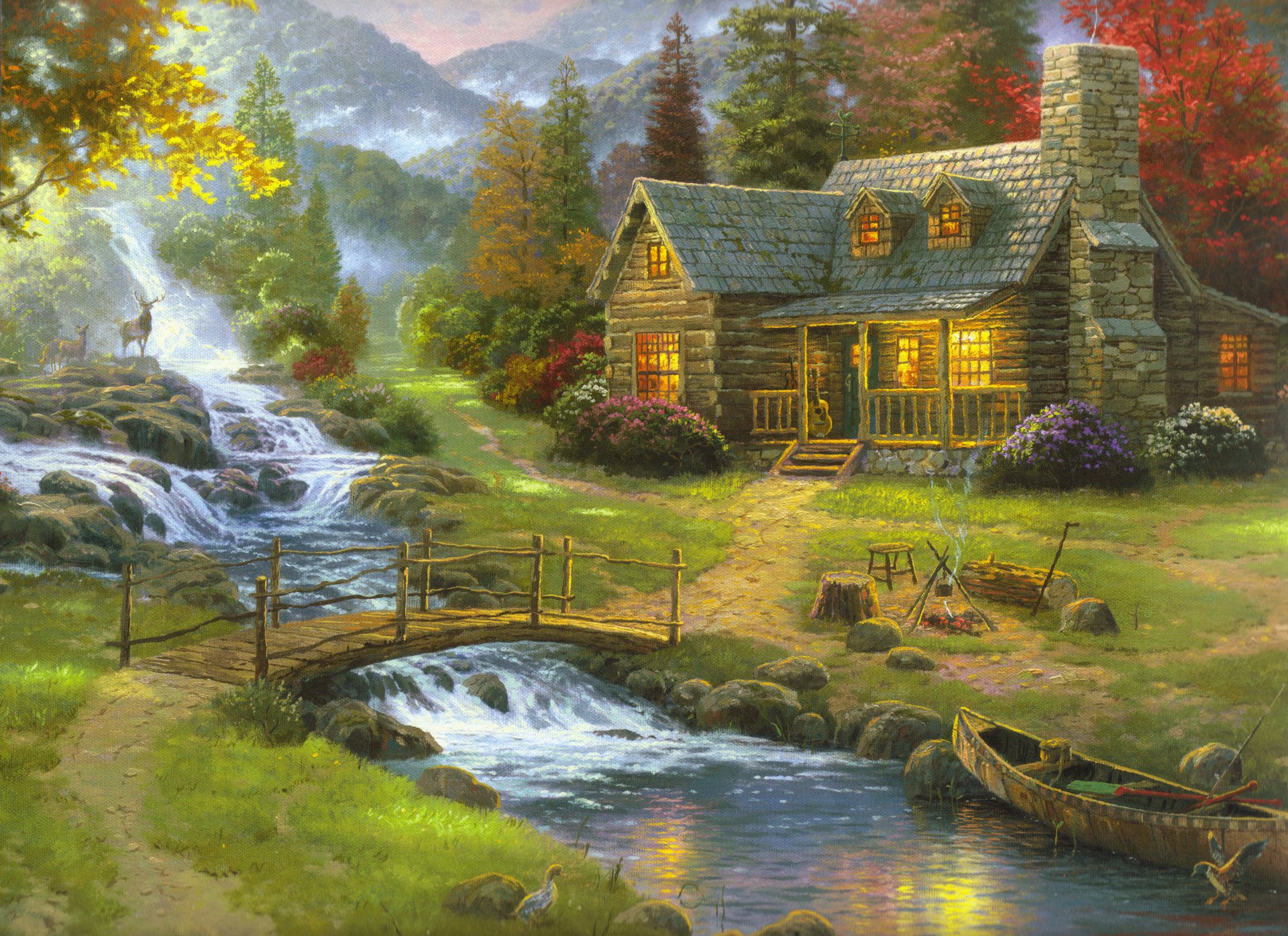 mountain paradise thomas kincaid nature painting forest house guitar mountain river wooden bridge boat fog deer painting paintings drawing drawings art