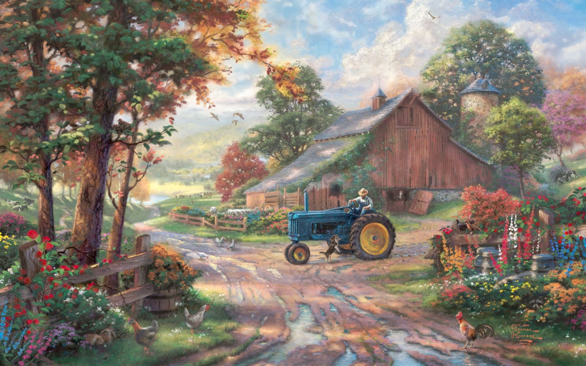 ummer heritage thomas kincaid painting kincaid farm summer tractor man barn animals dog trees pond summer animals flower