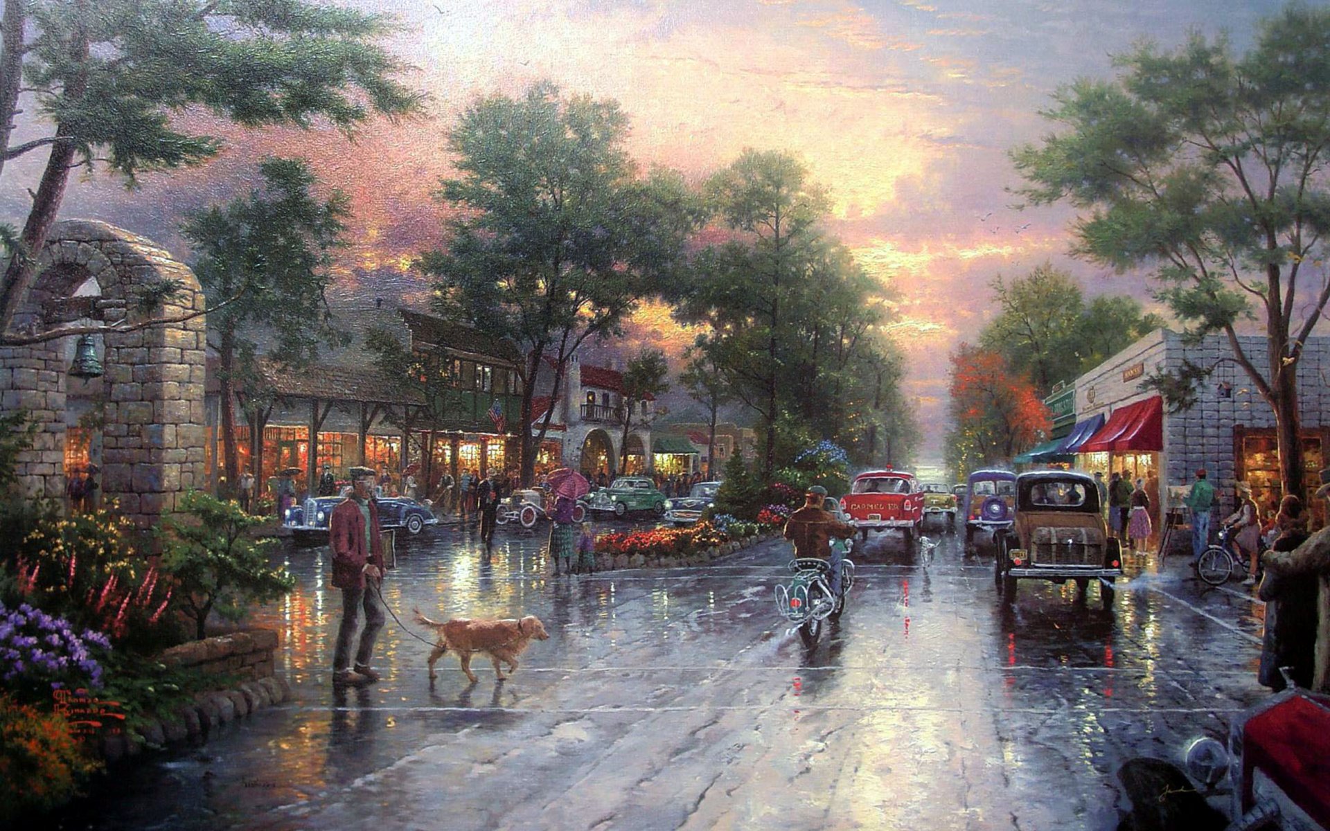 thomas kincaid carmel sunset on ocean avenue painting pr cars city houses kincaid street sunset town avenue alley road retro bell building