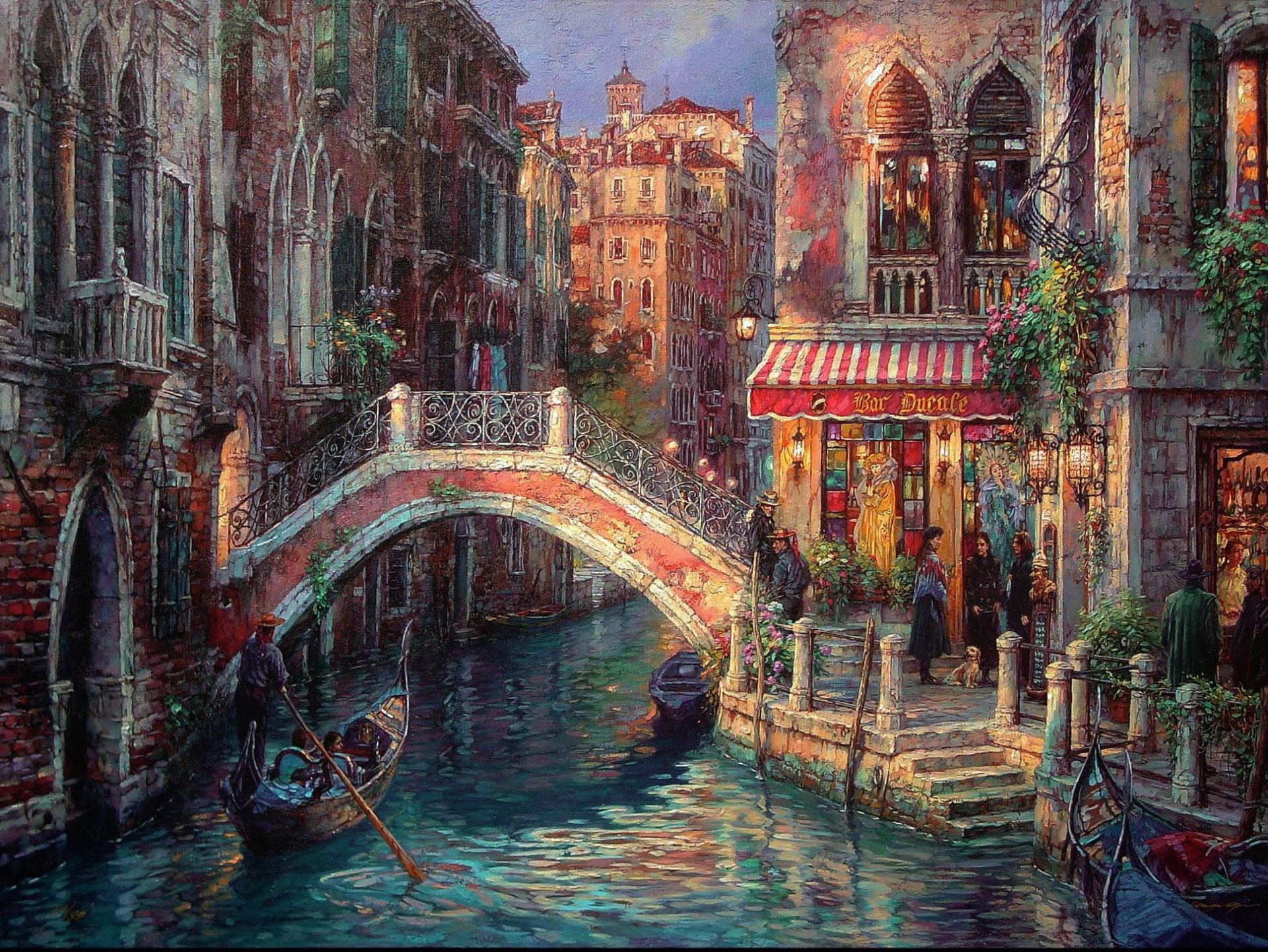 pintura venecia italia cao yun calle canal puente casas balcones góndola escalones personas