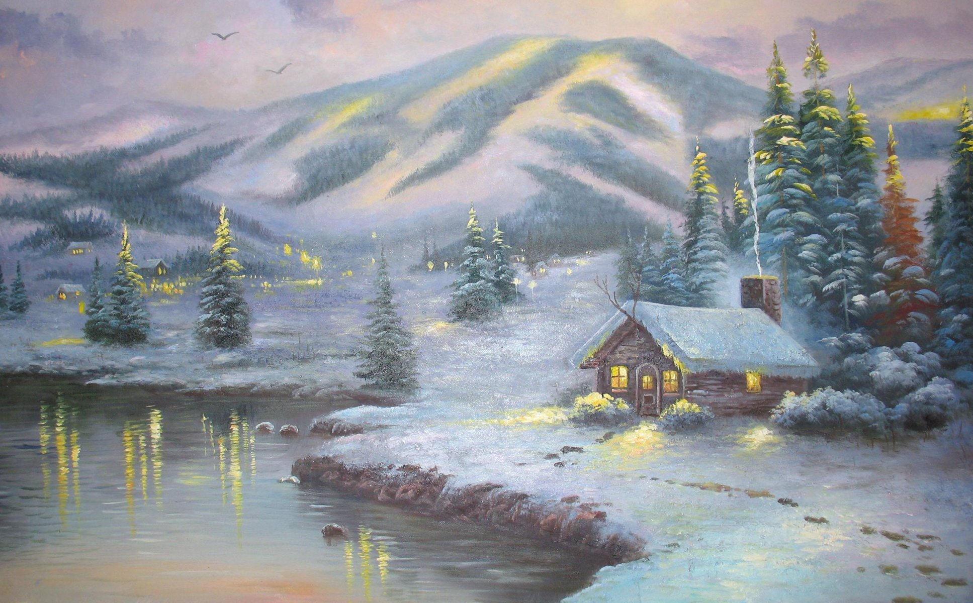 thomas kincaid painting olympic mountains evening painting landscape winter winter snow mountain houses lake evening lights spruce