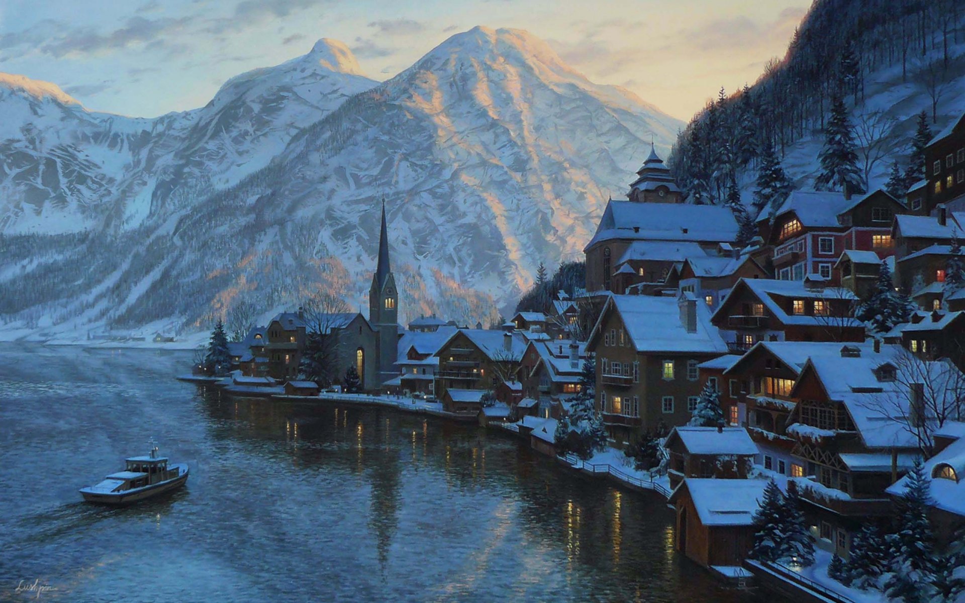 eugene lushpin hallstatt pintura alpes austria lushpin ciudad pueblo lago montaña montaña tarde salzburgo hallstätter see lago hallstatt casa capilla barco puesta de sol eugene lushpin lushpin paisaje invierno nieve cat