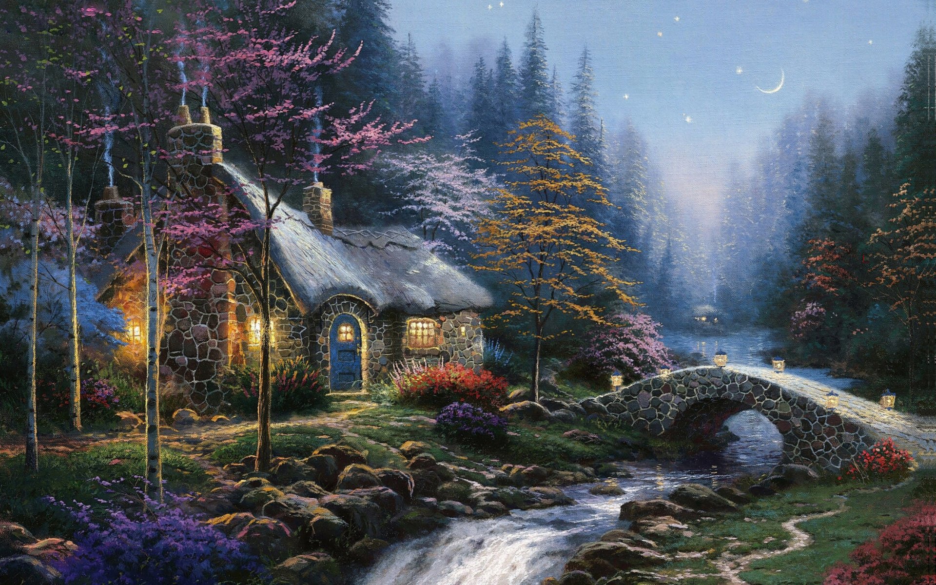 twilight cottage thomas kincaid pittura crepuscolo luna foresta abete fiume cottage ponte lanterne autunno