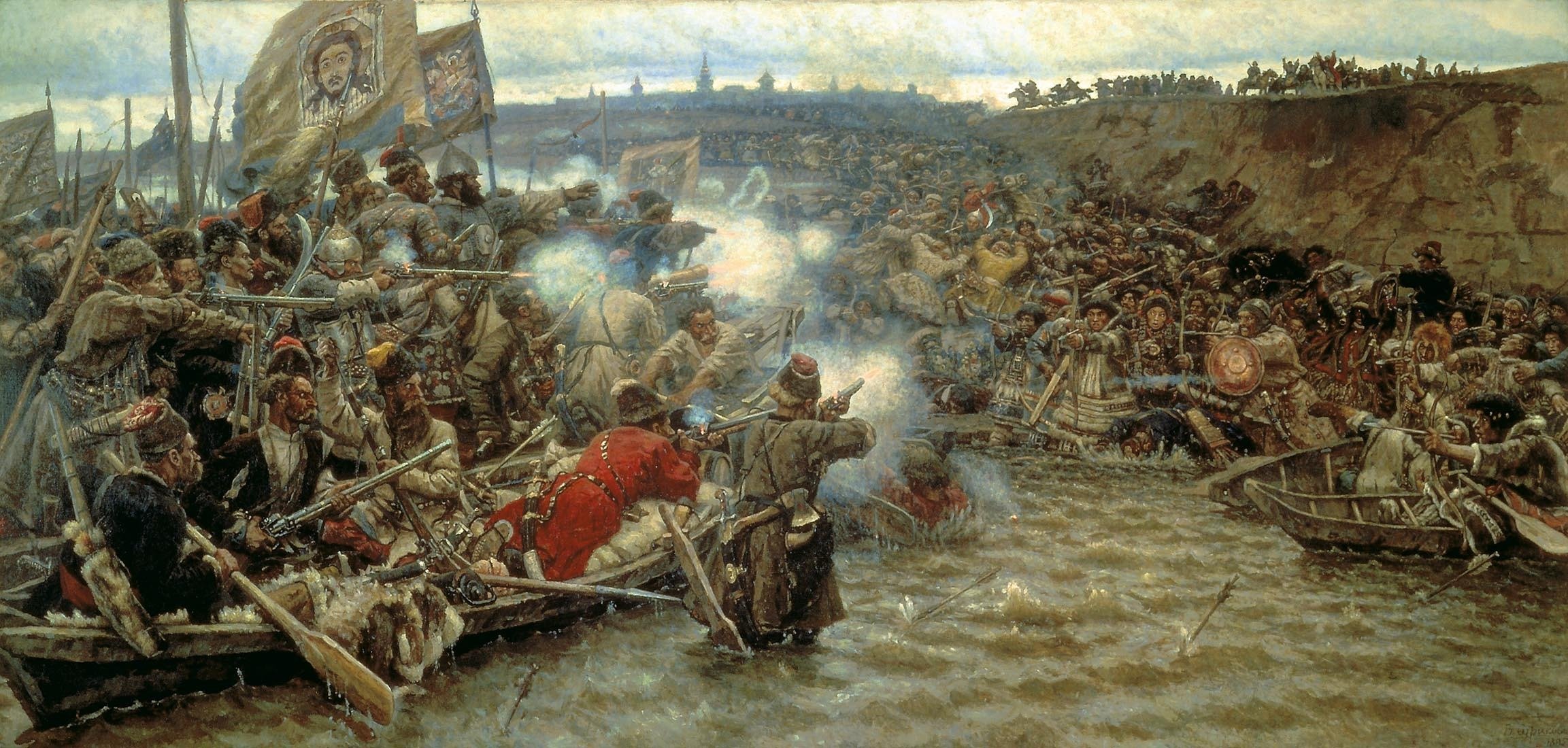 conquista de siberia por ermak surikov historia barcos río agua armas humo banderas pancartas iconos