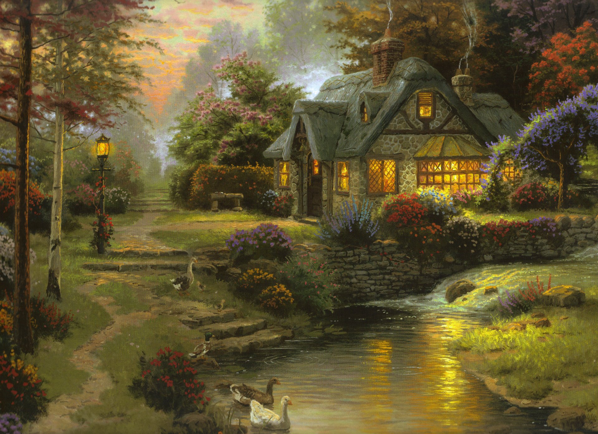 tillwater cottage thomas kincaid malerei kunst cottage sommer fluss abend sonnenuntergang bank gänse