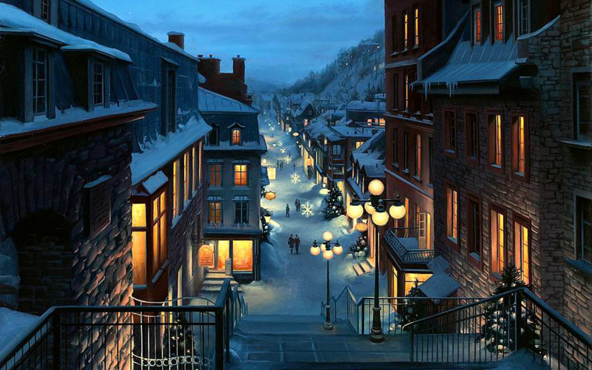 vecchio quebec eugene lushpin pittura natale alberi di natale sera lanterne inverno neve città quebec canada canadese provincia casa strada lato della strada eugene lushpin lushpin paesaggio provincia abete