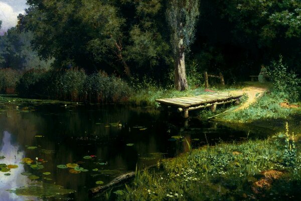 Pittura di Polenov, stagno verde, ninfee