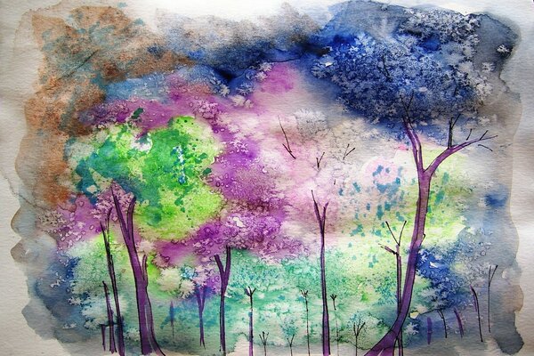 Multicolored trees painted with watercolor