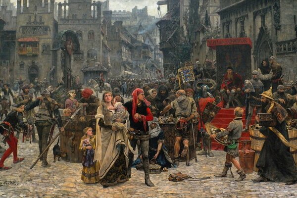 Pintura de la Plaza medieval mil ochocientos ochenta y nueve