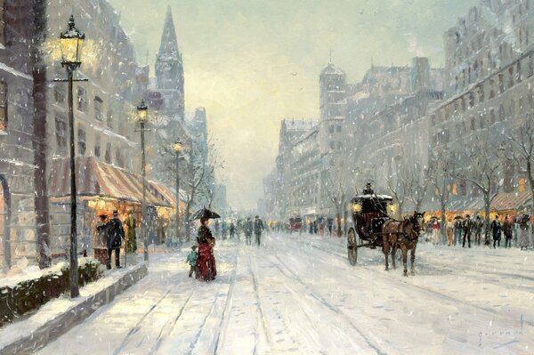 Painting winter twilight city street