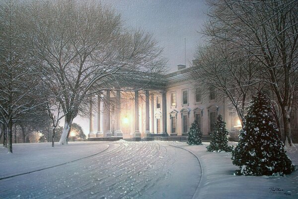 Winter landscape white house with columns