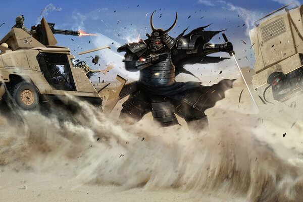 The metal samurai is surrounded by combat vehicles