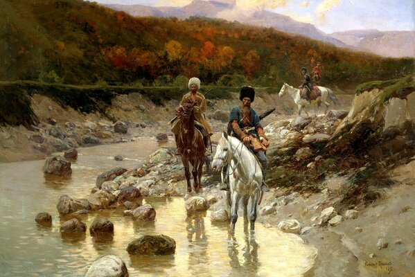 Photo de cosaques près de la rivière de montagne