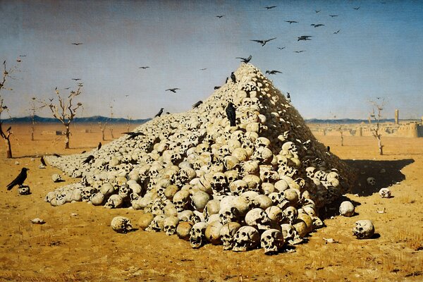 A mountain of skulls in the desert and a flock of ravens