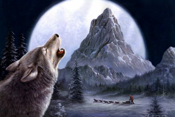 Winter painting, wolves in winter