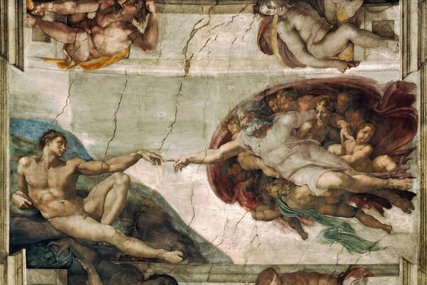 Ein Fresko namens Die Schöpfung von Adam des Künstlers Michelangelo