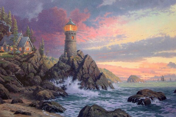 Картина скалистого берега с маяком