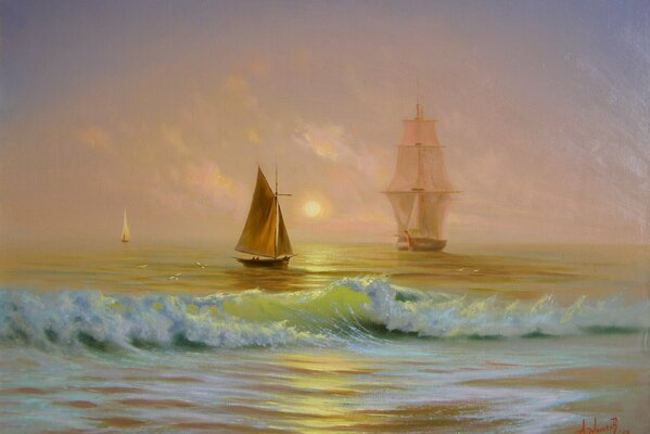 In the sea at dawn you can meet both ships and boats