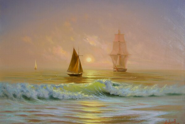 En el mar al amanecer se pueden encontrar barcos y barcos