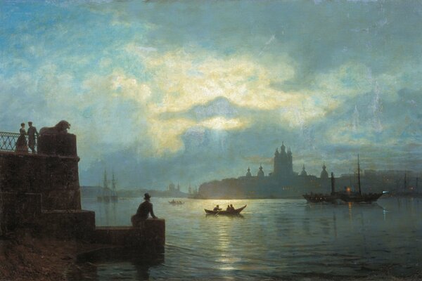 Painting moonlit night over the Neva