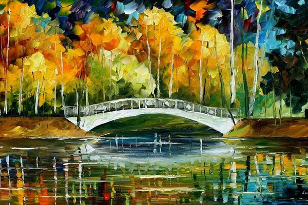 White Bridge in autumn. Oil painting