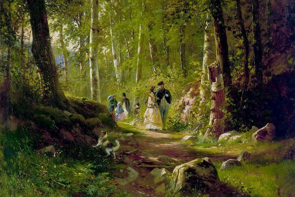Peinture De Shishkin. Les gens se promènent dans la forêt