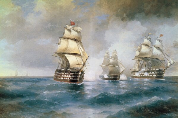 Peinture d Aivazovsky avec des navires en mer