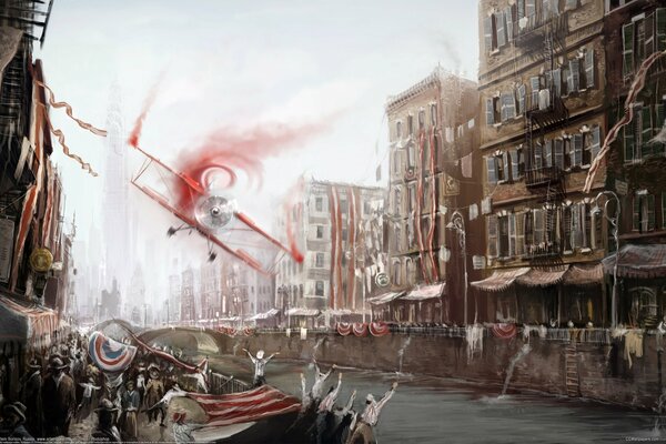 The plane flies through the city canal, people rejoice at the victory