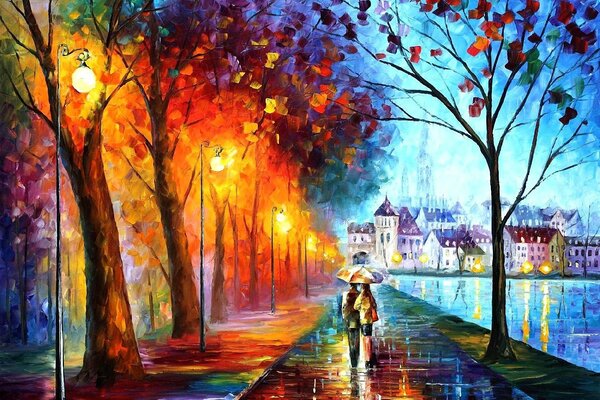 A couple under an umbrella in the city, evening park