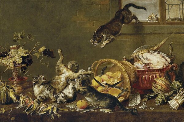 Peinture flamande: la bagarre des chats