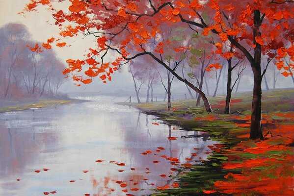 Colores carmesí de otoño en los árboles cerca del río