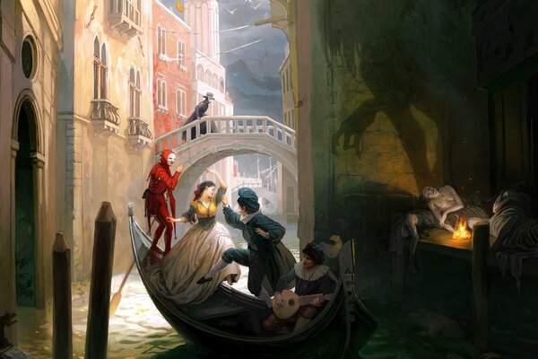 Люди в лодке, Венеция в сумерках