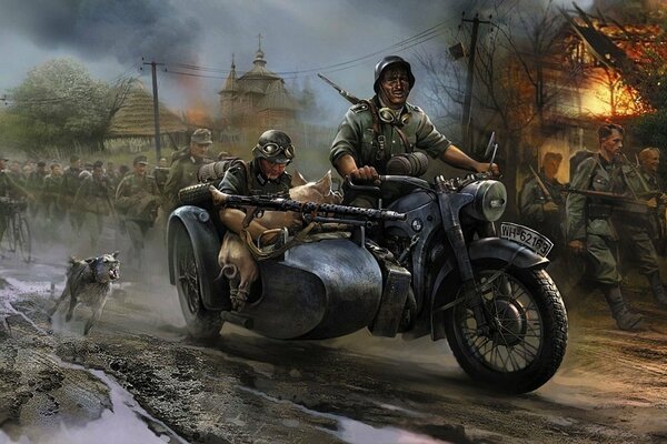 Peinture allemands sur la guerre de moto