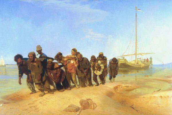 Repin s painting. Boatmen on the Volga