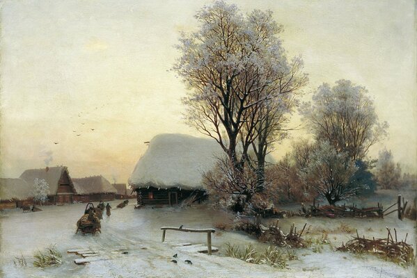 Obraz zimowy wieczór we wsi J. Autor Kondratenko