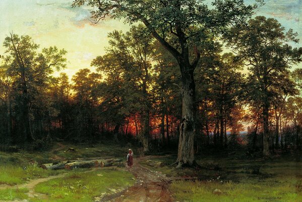 Painting landscape evening forest