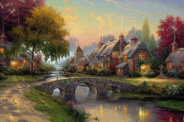 Una pintura escénica en un ambiente increíblemente Fabuloso con la imagen de un puente, catejey ubicado en un bosque de verano junto al río