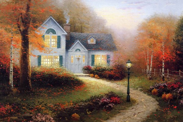 Maison blanche avec volets bleus en automne