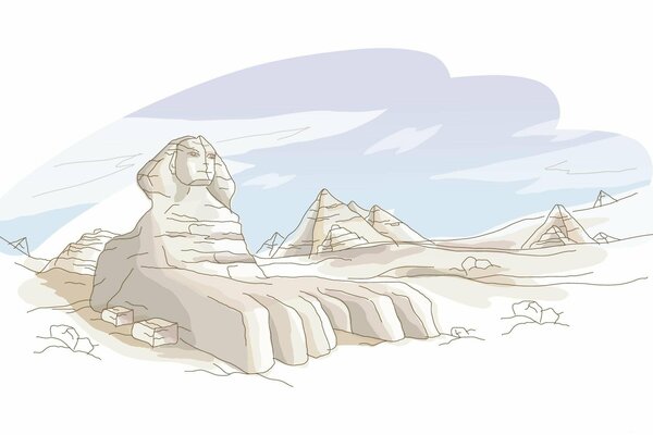 Drawing of the Egyptian Sphinx and pyramids