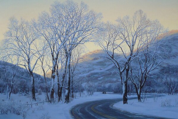 Landscape winter city park in the evening