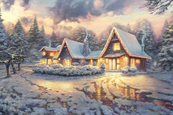 Wiejski domek w śniegu