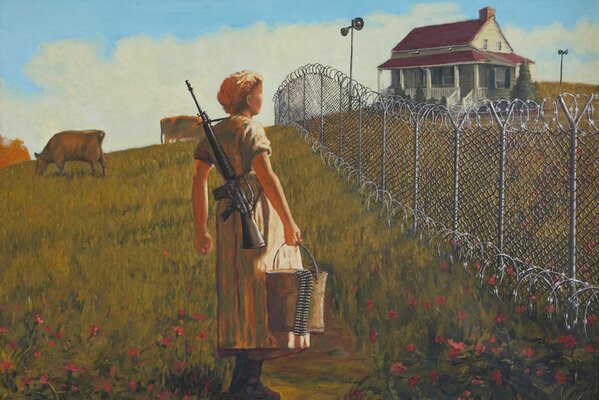 Painting milkmaid with machine guns behind barbed wire