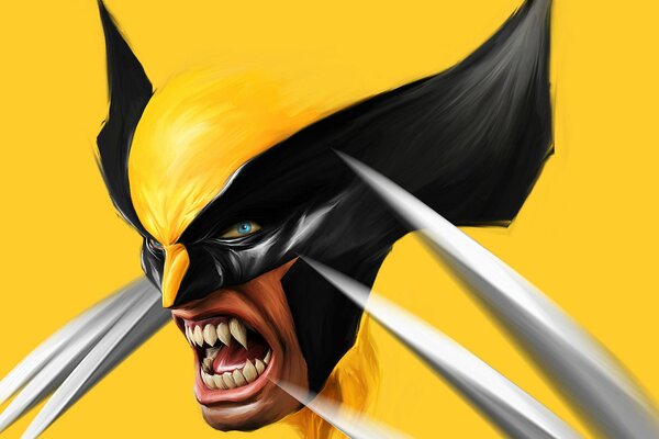 Arte di Wolverine in abito giallo e nero con occhi azzurri su sfondo giallo